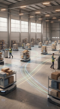 Vertical view of glowing AGV robot trails in warehouse