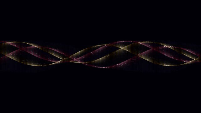 Abstract dna strand simulation with glowing particles in yellow and pink weaving over black background.