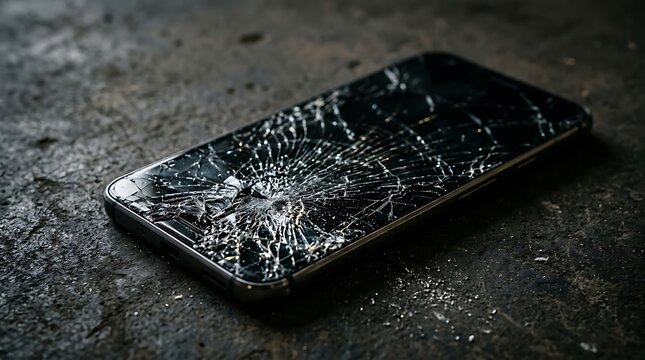 Badly broken smartphone with shattered screen on dark ground