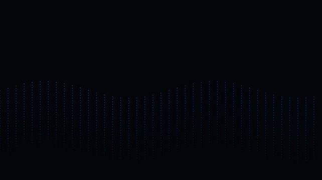 Dark background with flowing wave sound equalizer animation of blue dots moving rhythmically in digital space.