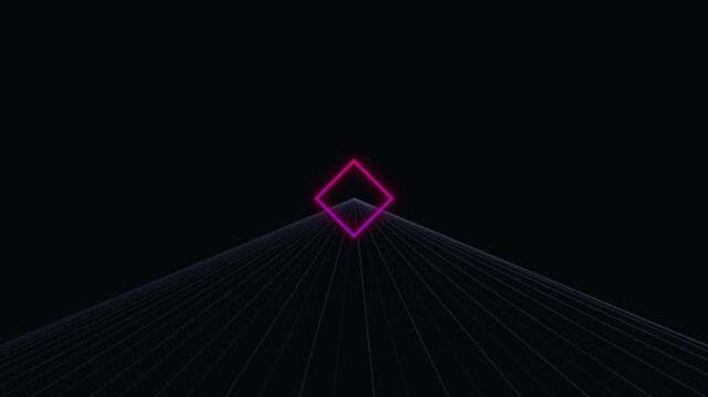 Neon pink square outline geometric shape oscillating on dark background featuring tunnel lines motion graphic loop visual performance digital art animation.
