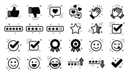 Fototapeta premium Customer feedback and rating vector icons showcasing thumbs up symbols, star rating scales and happy emoji faces, representing user satisfaction and service quality evaluation