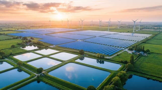 Aerial view of a large solar farm and wind turbines at sunset