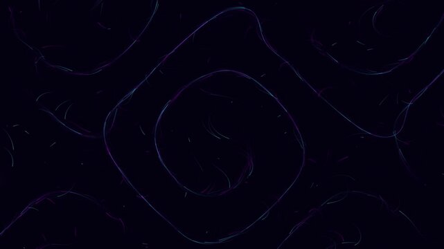 Abstract background featuring glowing swirling purple and blue threads creating mesmerizing spiral movement patterns on dark digital space motion graphic.