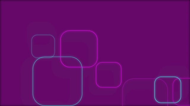 Neon glowing squares moving continuously against solid purple background loop abstract digital animation design element for modern creative visual project.