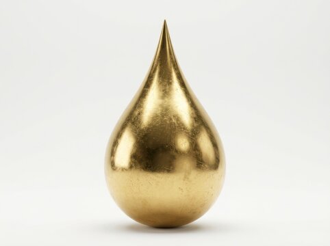 A single polished brass water drop sculpture isolated on a white background