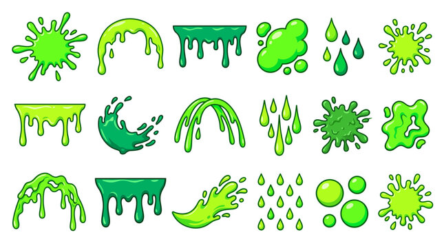 Green slime splatter and dripping goo set showcasing toxic liquid splatters, dripping slime borders and bubbly splashes, representing Halloween graphic design and alien biohazard themes