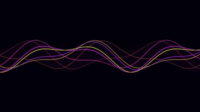 Abstract flowing wave pattern with vibrant purple and yellow glowing light streaks animation on dark background for digital technology graphic design show.