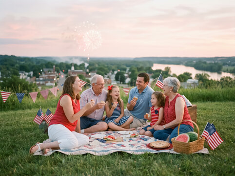 Happy Multigenerational Family Having Picnic with Sparklers at Dusk