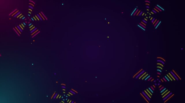 Abstract rainbow neon light fan shapes rotating on deep dark background with small floating particles in digital art motion graphics video animation loop.