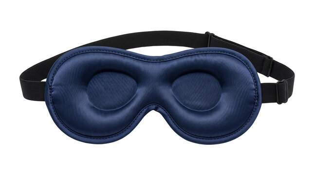 Navy blue silk sleep mask with contoured eye cups, padded blackout blindfold for travel and rest, comfortable satin eye cover with elastic strap