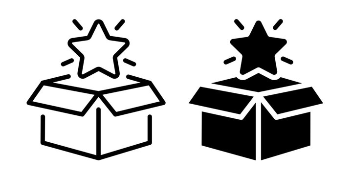 Open mystery gift box shining star icon set, wrapping, lucky draw, extra bonus, gift unboxing, label, logo, badge, symbol, banner, sticker, stamp, line, black, flat vector, isolated illustration