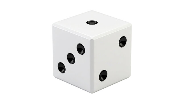White plastic dice with black pips, single gaming die on white background, minimalist gambling and board game equipment