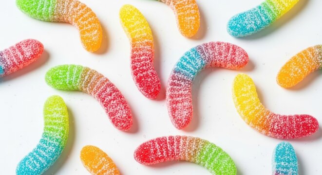 Colorful Sour Gummy Worms Candy Scattered on White Background, Vibrant Sugary Sweets for Kids Party and Snacks