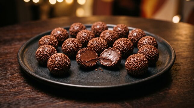Delicious chocolate brigadeiros covered in sprinkles on a dark plate