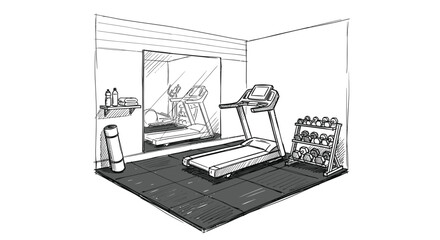 Fototapeta premium Gym equipment including a treadmill and weights are arranged in this illustrated home studio.