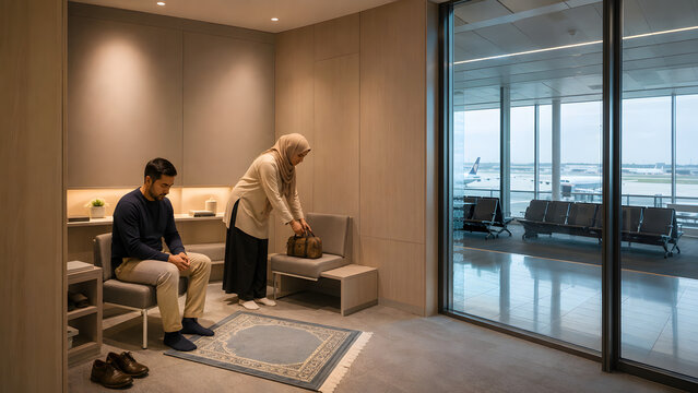 Man sitting and woman placing bag in airport prayer room for travel and religious devotion concept