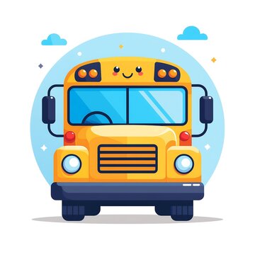 Bright yellow school bus with smiling face on blue sky background.