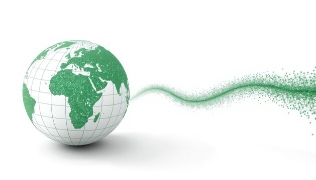 Green digital globe composed of connected nodes fading into particulate stream with particles abstract technology connection communication information transformation innovation digitalization