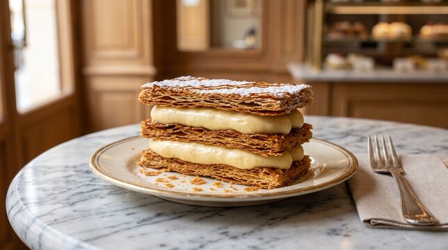 Delicious mille-feuille pastry with vanilla cream and powdered sugar