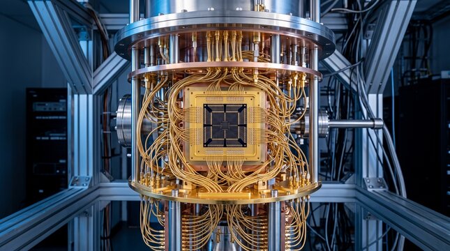 Advanced quantum computing processor with intricate wiring and complex circuitry