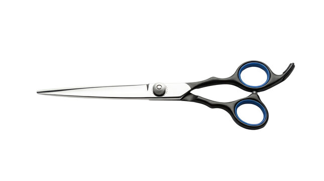 Professional hair cutting scissors with black ergonomic handles, sharp stainless steel barber shears, salon styling tool on white background