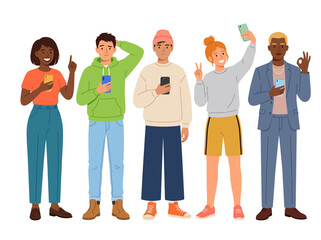 Obraz premium Diverse group of young people using smartphones for social media and communication, vector flat illustration