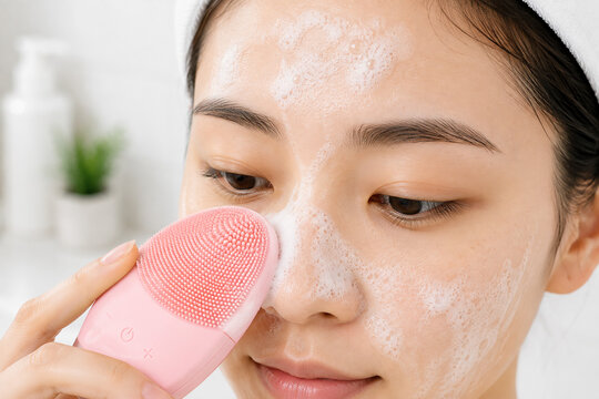 Close-up of woman cleansing nose and T-zone with facial brush