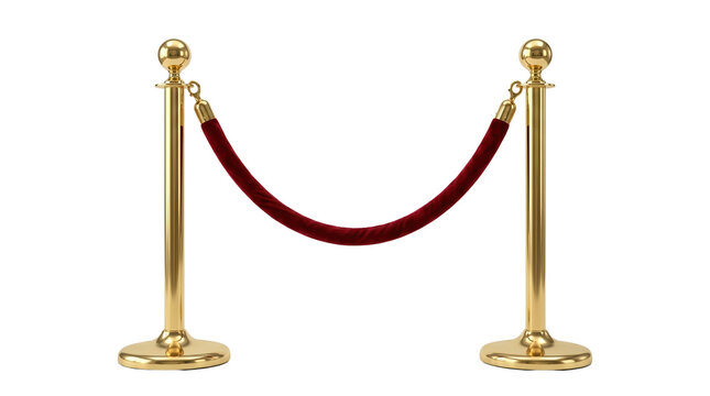 Luxury gold stanchions with red velvet rope, elegant velvet barrier for VIP events, golden metal poles for red carpet entrance isolated on white