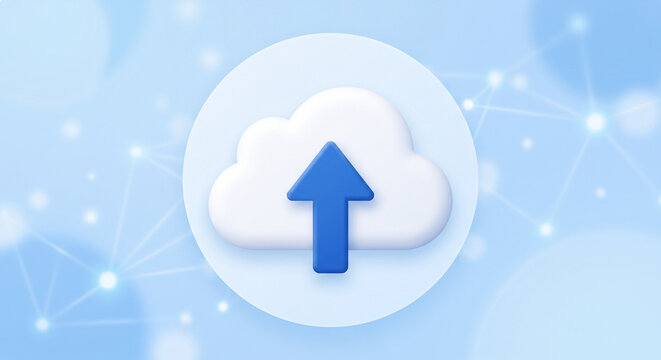 A vibrant 3D rendered white cloud icon with a bold blue upward arrow symbolizes data.