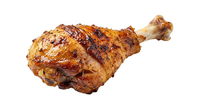 Roasted chicken drumstick with crispy skin, grilled poultry leg on white background, seasoned fried chicken meat for food menu