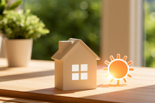 住宅模型と太陽マークで表す日当たりの良い住まい