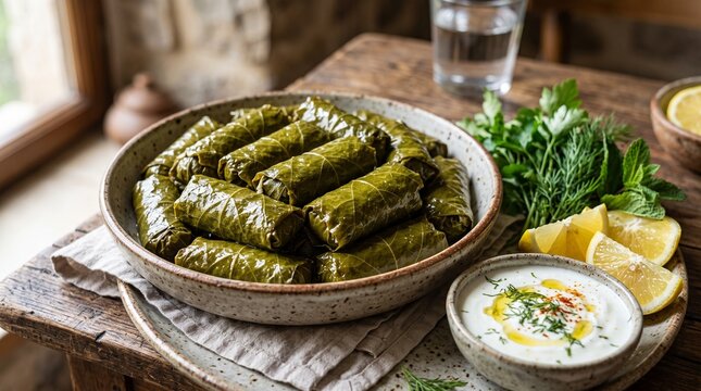 Traditional Armenian dolma served in a rustic ceramic dish with yogurt sauce and lemon