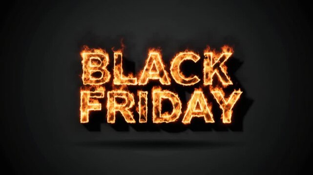 Fiery black friday text animation on dark background, dynamic flames