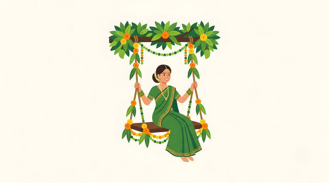 Shubh Hariyali Teej Vector Poster with Indian Woman in Traditional Green Saree Swinging on Floral Swing, Marigold Garlands, Bells, and Hindi Calligraphy on Dark Green Background