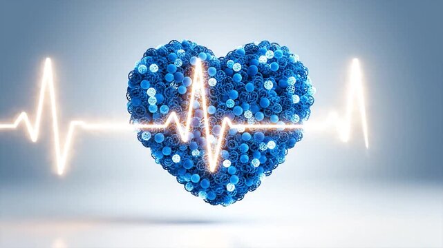 Abstract Blue Heart Symbol Formed by Medical Particles With Glowing ECG Pulse