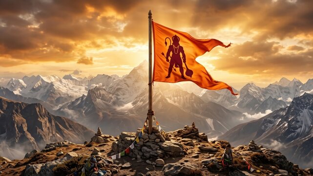 Saffron Hanuman Victory Flag Against Golden Himalayan Sunrise