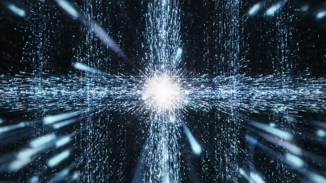 Abstract digital data connection visualization with glowing blue light streams