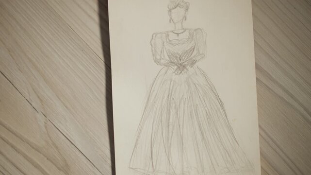 Elegant fashion drawing. Artwork depicting classic dress with detailed linework and shadows. Precise pencil illustration of vintage dress spread on textured wooden background with soft shading
