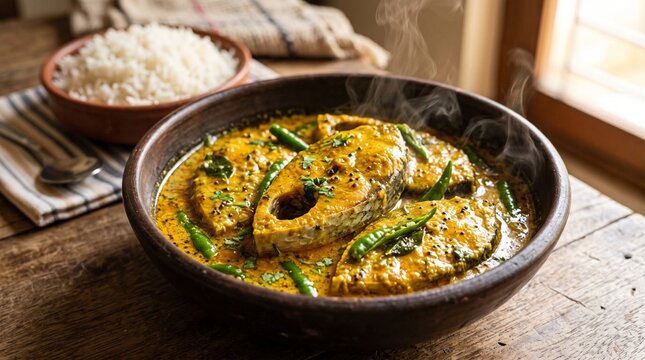 Steaming Bengali Hilsa fish curry served with fluffy white rice