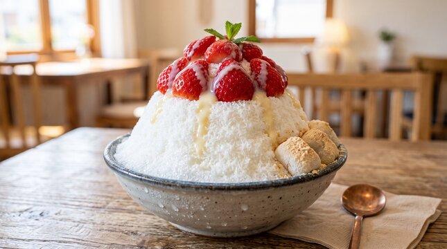 Refreshing strawberry bingsu dessert with condensed milk and mochi on a wooden table
