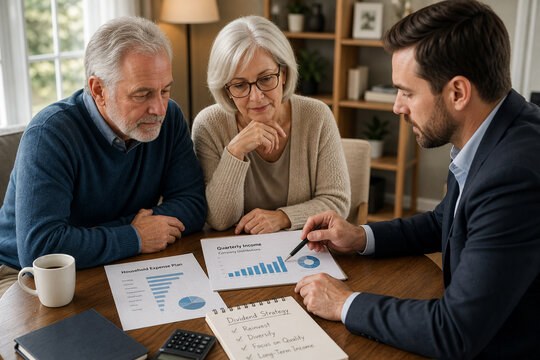 Retired couple discusses dividend income strategy with an advisor, reviewing quarterly payments and household expense plans.