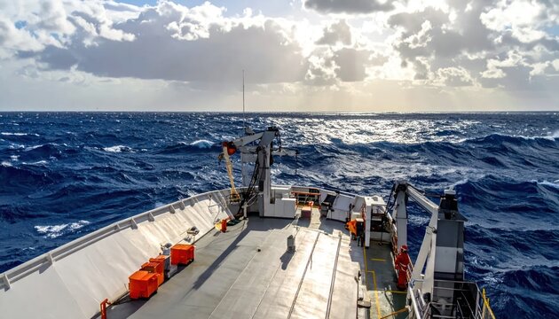 Bow of ship navigating through deep blue ocean.