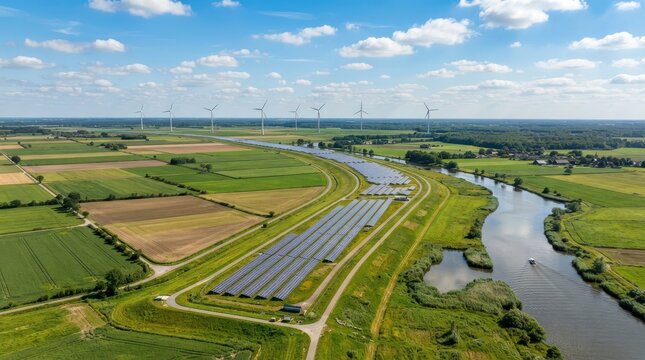 Aerial view of a solar farm and wind turbines along a river in the countryside