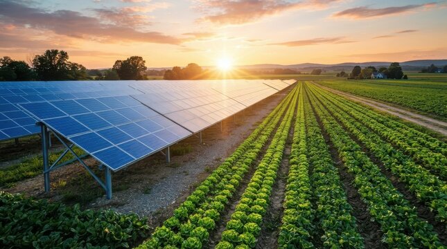 Solar panels installed in a field of green crops at sunset