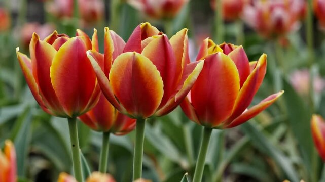 close-up blooming red tulips in garden time-lapse
