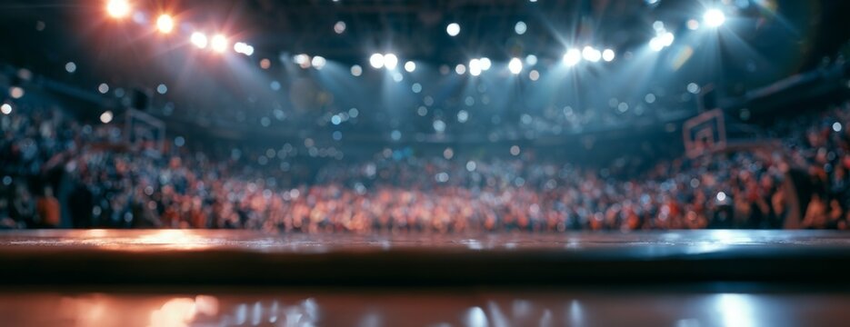 Blurred basketball court with illuminated arena and cheering crowd  