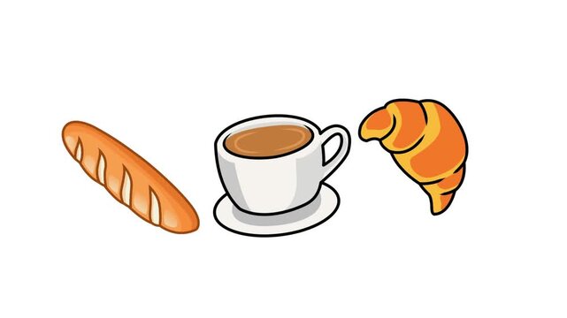4K vector animation featuring coffee buns and croissants breakfast pastries against a white background.