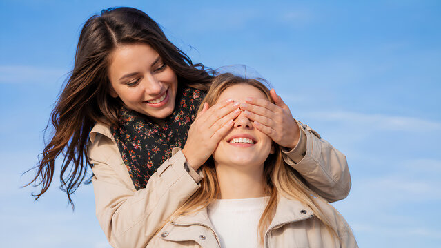 Cheerful young women enjoying a sunny day outside, featuring a smiling woman surprising her girlfriend or best friend by covering her eyes with hands against a clear blue sky background