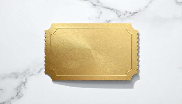 Elegant Empty Gold Ticket Template With Textured Metallic Surface Displayed Centrally On A Luxurious White Marble Stone Background Surface Texture